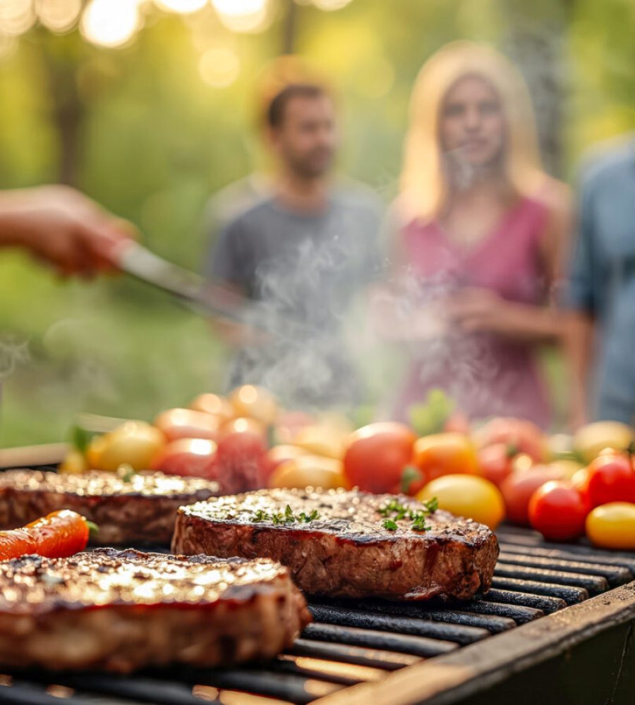 Juicy beef steaks with grilled vegetables, carrots, tomatoes on BBQ grill, with smoke. Friends cooking delicious outdoors food at summer picnic celebrate friendship. Gourmet barbecue.